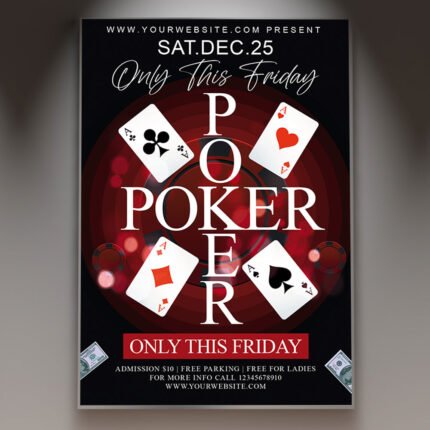 A professional Poker Tournament Flyer PSD Template for 2026 featuring a luxury dark-mode aesthetic, high-stakes chip graphics, and bold modern typography.