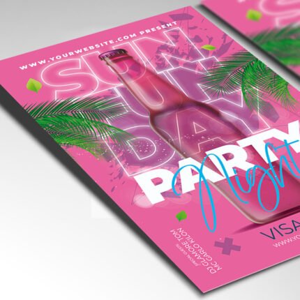 Customizable 2026 day-party poster in PSD format with high-definition tropical textures, organized Photoshop layers, and premium drink-special placeholders.