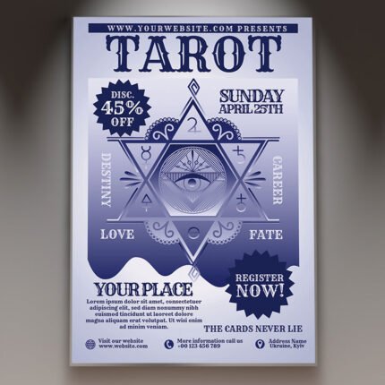 A professional Tarot Cards Reading Flyer PSD Template for 2026 featuring a mystical celestial theme, deep atmospheric lighting, and elegant esoteric typography.