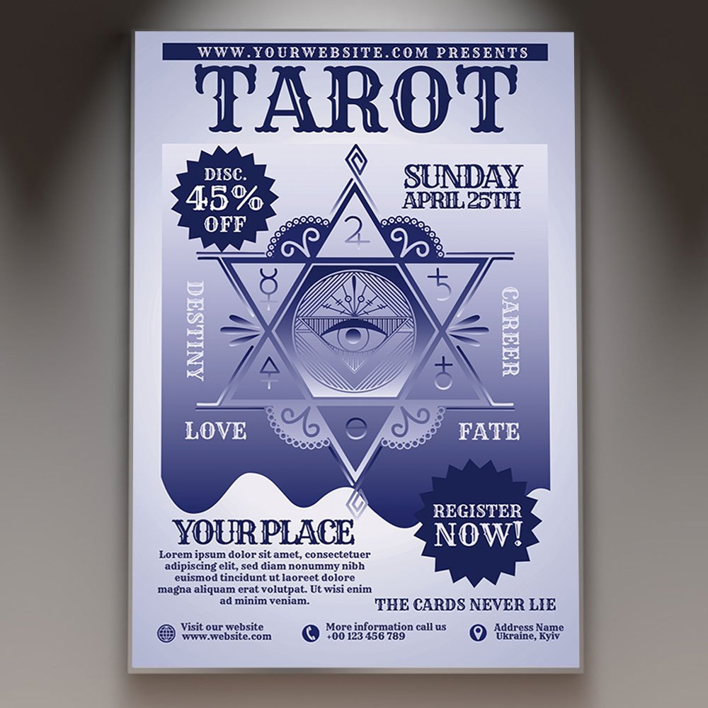 tarot-cards-reading-flyer-psd-template-1 A professional Tarot Cards Reading Flyer PSD Template for 2026 featuring a mystical celestial theme, deep atmospheric lighting, and elegant esoteric typography.
