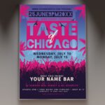 A professional Taste of Chicago Flyer PSD Template for 2026 featuring a vibrant urban aesthetic, cinematic food graphics, and bold modern typography.