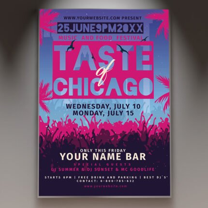 A professional Taste of Chicago Flyer PSD Template for 2026 featuring a vibrant urban aesthetic, cinematic food graphics, and bold modern typography.