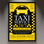 A professional Taxi Service Flyer PSD Template for 2026 featuring a sleek urban yellow and black aesthetic, modern car graphics, and high-visibility typography.