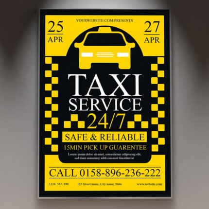 A professional Taxi Service Flyer PSD Template for 2026 featuring a sleek urban yellow and black aesthetic, modern car graphics, and high-visibility typography.