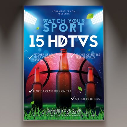 A professional Watch Your Sport Flyer PSD Template for 2026 featuring high-energy stadium graphics, cinematic lighting, and bold game-day typography.