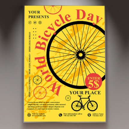 A professional World Bicycle Day Flyer PSD Template for 2026 featuring a vibrant eco-friendly aesthetic, cinematic outdoor lighting, and modern sports typography.