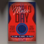 A professional World Music Day Flyer PSD Template for 2026 featuring vibrant neon soundwaves, cinematic lighting, and modern music event typography.