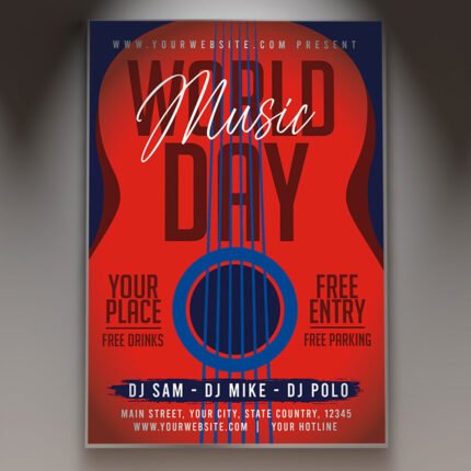 A professional World Music Day Flyer PSD Template for 2026 featuring vibrant neon soundwaves, cinematic lighting, and modern music event typography.
