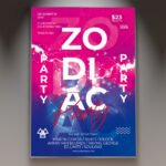 A professional Zodiac Party Flyer PSD Template for 2026 featuring a mystical cosmic aesthetic, vibrant neon constellations, and elegant celestial typography.