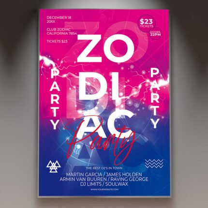 A professional Zodiac Party Flyer PSD Template for 2026 featuring a mystical cosmic aesthetic, vibrant neon constellations, and elegant celestial typography.