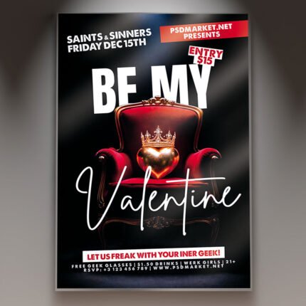A professional Be My Valentine 2026 Flyer Template featuring a romantic aesthetic, delicate heart motifs, and elegant, sophisticated typography.