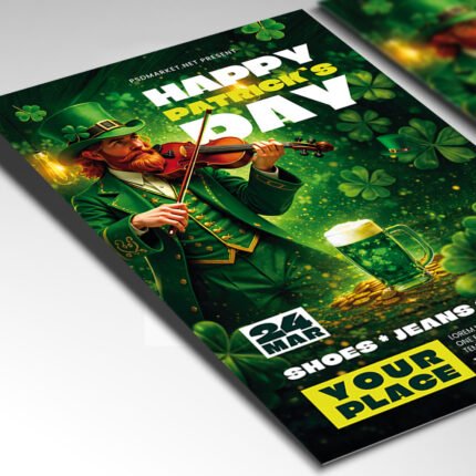 Customizable St. Patrick's Day party poster in PSD format with fully organized Photoshop layers, rich green gradients, and realistic 3D gold elements.