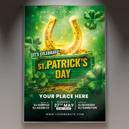 A professional Celebrate Patrick's Day 2027 Flyer PSD Template featuring a vibrant emerald green aesthetic, 3D golden clover motifs, and cinematic festive lighting.