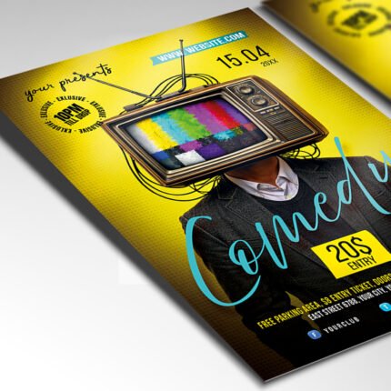 Customizable comedy club showcase poster in PSD format with fully organized Photoshop layers, comedian photo placeholders, and premium venue info zones.