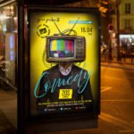 An eye-catching "Club Comedy" invitation flyer template displaying sharp 300 DPI resolution, bold display fonts, and professional entertainment industry aesthetics.