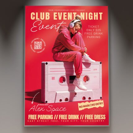A professional Club Event Disco Flyer PSD Template featuring a vibrant dance-floor aesthetic, realistic disco ball reflections, and energetic neon lighting.