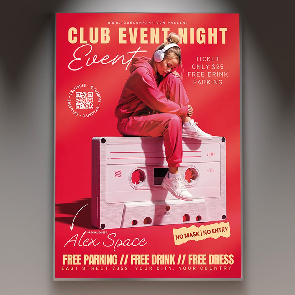 club-event-disco-flyer-psd-template-1 A professional Club Event Disco Flyer PSD Template featuring a vibrant dance-floor aesthetic, realistic disco ball reflections, and energetic neon lighting.