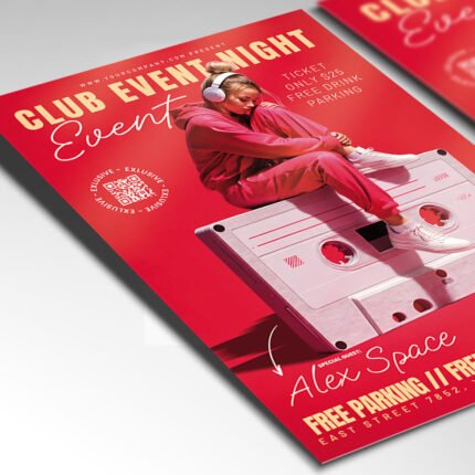 Customizable disco party poster design in PSD format with fully organized Photoshop layers, bold typography, and premium venue placeholders.