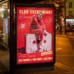An eye-catching "Club Event Disco" invitation flyer template displaying sharp 300 DPI resolution, energetic festive colors, and premium nightlife festival aesthetics.