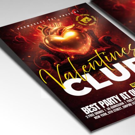 Customizable Valentine’s club party poster design in PSD format with fully organized Photoshop layers, bold typography, and premium VIP venue placeholders.