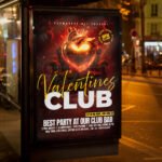 An eye-catching "Club Valentines" invitation flyer template displaying sharp 300 DPI resolution, energetic holiday colors, and premium nightlife aesthetics.