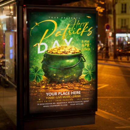 A professional Happy Patrick's Day 2027 Flyer PSD Template featuring a vibrant emerald aesthetic, 3D shamrocks, and cinematic gold lighting.