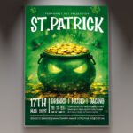 A professional Happy Saint Patrick 2027 Flyer Template featuring a vibrant emerald celebration layout, realistic 3D gold accents, and cinematic festive lighting.