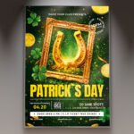 A professional Horseshoe Patrick's Day 2026 Flyer PSD Template featuring a 3D golden horseshoe, vibrant emerald green clover motifs, and cinematic lighting.