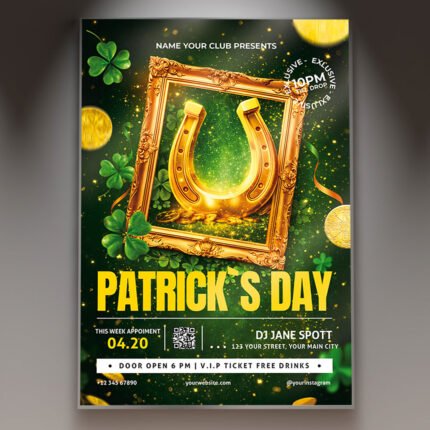 A professional Horseshoe Patrick's Day 2026 Flyer PSD Template featuring a 3D golden horseshoe, vibrant emerald green clover motifs, and cinematic lighting.
