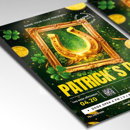 Customizable 2026 St. Patrick's Day poster in PSD format with high-definition metallic textures, organized Photoshop layers, and premium drink special placeholders.