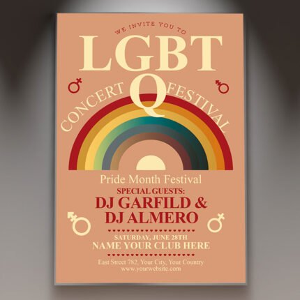 A professional LGBTQ Month Flyer PSD Template for 2026 featuring vibrant spectrum gradients, cinematic lighting, and modern inclusive design motifs.