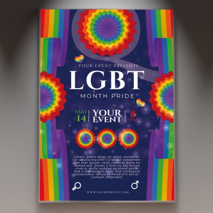 A professional LGBTQ Pride Flyer PSD Template for 2026 featuring vibrant rainbow spectrum effects, cinematic lighting, and bold inclusive typography.