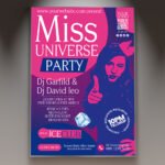 A professional Miss Universe Flyer PSD Template for 2026 featuring an elite gold aesthetic, cinematic stage lighting, and elegant high-fashion typography.
