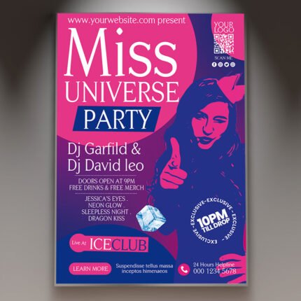 A professional Miss Universe Flyer PSD Template for 2026 featuring an elite gold aesthetic, cinematic stage lighting, and elegant high-fashion typography.