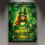 A professional Patrick's Celebration 2027 Flyer PSD Template featuring a high-end emerald festive layout, realistic 3D gold coins, and cinematic atmospheric lighting.