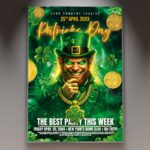 A professional Patrick's Party 2027 Flyer PSD Template featuring a vibrant green celebration theme, 3D shamrocks, and cinematic festive lighting.