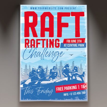 A professional Raft Challenge Flyer PSD Template for 2026 featuring a high-energy water sports aesthetic, cinematic lighting, and bold adventure typography.