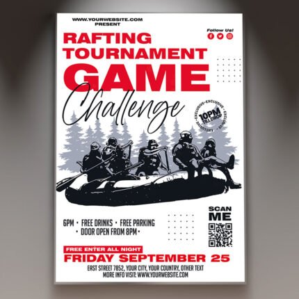 A professional Rafting Tournament Flyer PSD Template for 2026 featuring a high-intensity water sports aesthetic, cinematic lighting, and bold athletic typography.