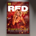 A professional Red Night Flyer PSD Template featuring a sophisticated crimson aesthetic, elegant light leaks, and luxury metallic design elements.