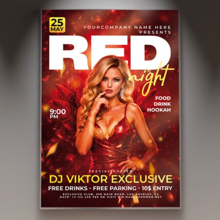 A professional Red Night Flyer PSD Template featuring a sophisticated crimson aesthetic, elegant light leaks, and luxury metallic design elements.