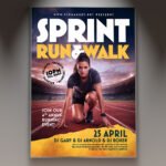 A professional Run Walk 2026 Flyer PSD Template featuring a dynamic athletic aesthetic, motion-blur photography, and high-energy fitness typography.