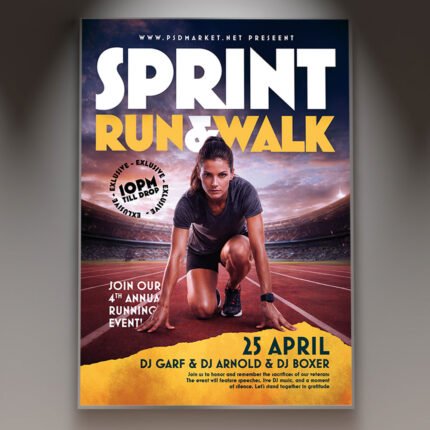 A professional Run Walk 2026 Flyer PSD Template featuring a dynamic athletic aesthetic, motion-blur photography, and high-energy fitness typography.