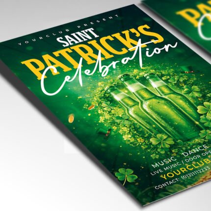 Customizable St. Patrick's Day party poster design in PSD format with fully organized Photoshop layers, rich shamrock textures, and clean typography.