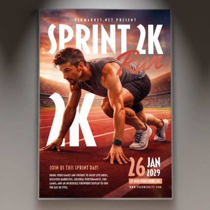A professional Sprint Run Flyer PSD Template featuring a high-velocity athletic aesthetic, dynamic motion-blur photography, and aggressive high-contrast typography.
