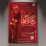 A professional Strippers Lock Down Flyer PSD Template for 2026 featuring a dark urban aesthetic, neon highlights, and bold nightlife typography.