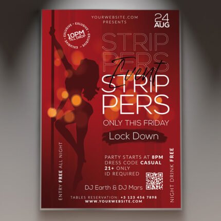 A professional Strippers Lock Down Flyer PSD Template for 2026 featuring a dark urban aesthetic, neon highlights, and bold nightlife typography.