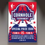 A professional Ultra Cornhole Flyer PSD Template for 2026 featuring a high-energy sports aesthetic, realistic wood textures, and bold tournament typography.