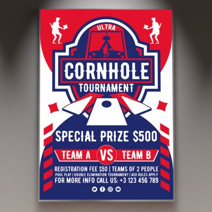 A professional Ultra Cornhole Flyer PSD Template for 2026 featuring a high-energy sports aesthetic, realistic wood textures, and bold tournament typography.