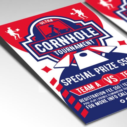 Customizable 2026 Cornhole competition poster in PSD format with high-definition lighting effects, organized Photoshop layers, and premium prize pool placeholders.