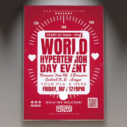 A professional World Hypertension Flyer PSD Template for 2026 featuring a clean medical aesthetic, heart health icons, and professional healthcare typography.